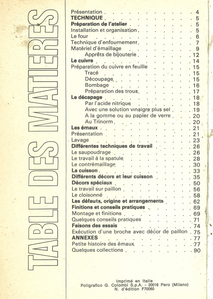 table des matieres du livre "Joies de l'émail, J. PELLE et A. SAINSARD, 