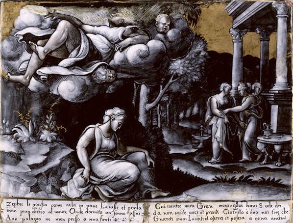 Léonard Limosin, Psyché enlevée par Zéphir, 1534, émail peint sur cuivre, Paris, musée du Louvre. L'artiste s'inspire d'une gravure italienne d'après une composition de Raphaël et reprend même les vers italiens qui l'accompagnaient.