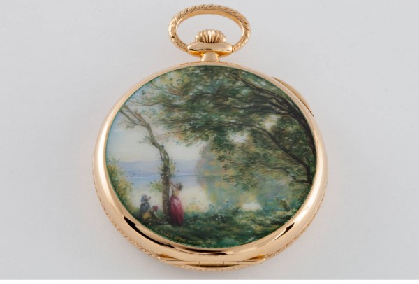  Patek Philippe Souvenir de Mortefontaine - Montre de poche réalisée en 2006 d’après un tableau de Jean-Baptiste Corot ; émail de Suzanne Rohr peint en 1996 et or jaune.