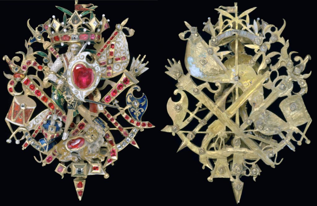 broche Naseby, or, émaux, diamants, rubis, 1615, conservé aumusée Sir John Soane, Londres